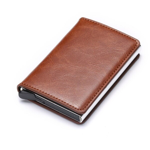 BISI GORO RFID Blocking Card Wallet Men Women Credit Card Holder Carbon Card Holder Aluminum Slim Short Card ID Holder: X-12B Brown