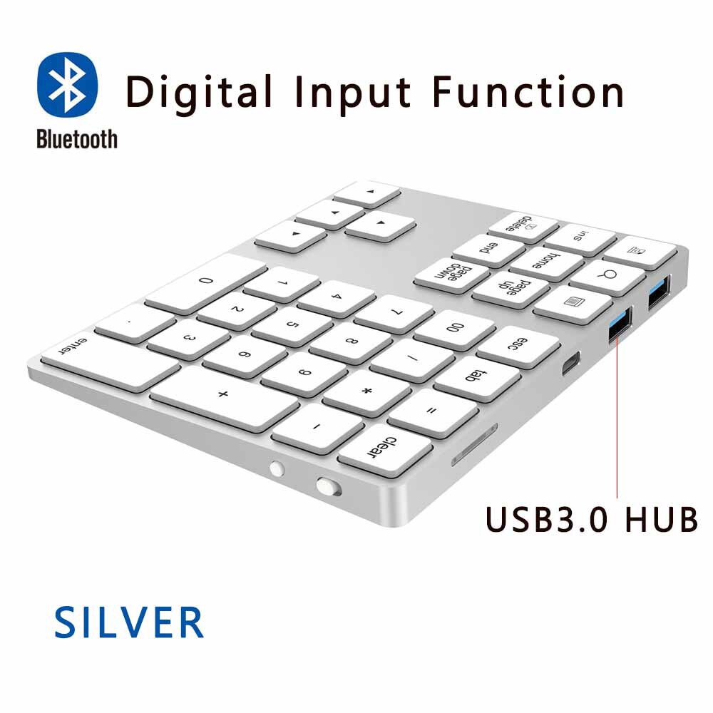 AVATTO Ultra-Slim Aluminum 34 Keys Bluetooth Wireless Numeric Keypad Number Keyboard with Scissor-Switch for PC Surface Tablet: Silver with Hub