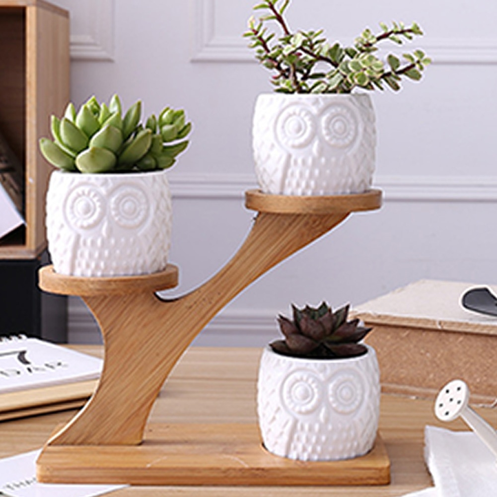 3pcs 3 Tier Office Owl Shape Wear Resistant Tidy With Bamboo Holder Indoor Desk Saucers Stand Pot Set Modern Ceramic Garden Home