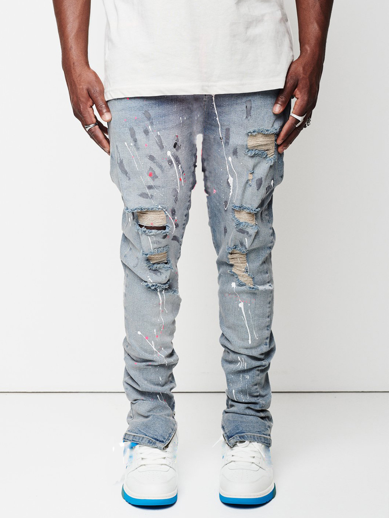 2022 Ripped Jeans For Men Trendy Slim Paint Craft Denim Pencil Pants Street Hipster Trousers male Clothing XS-XL: G113 / XL