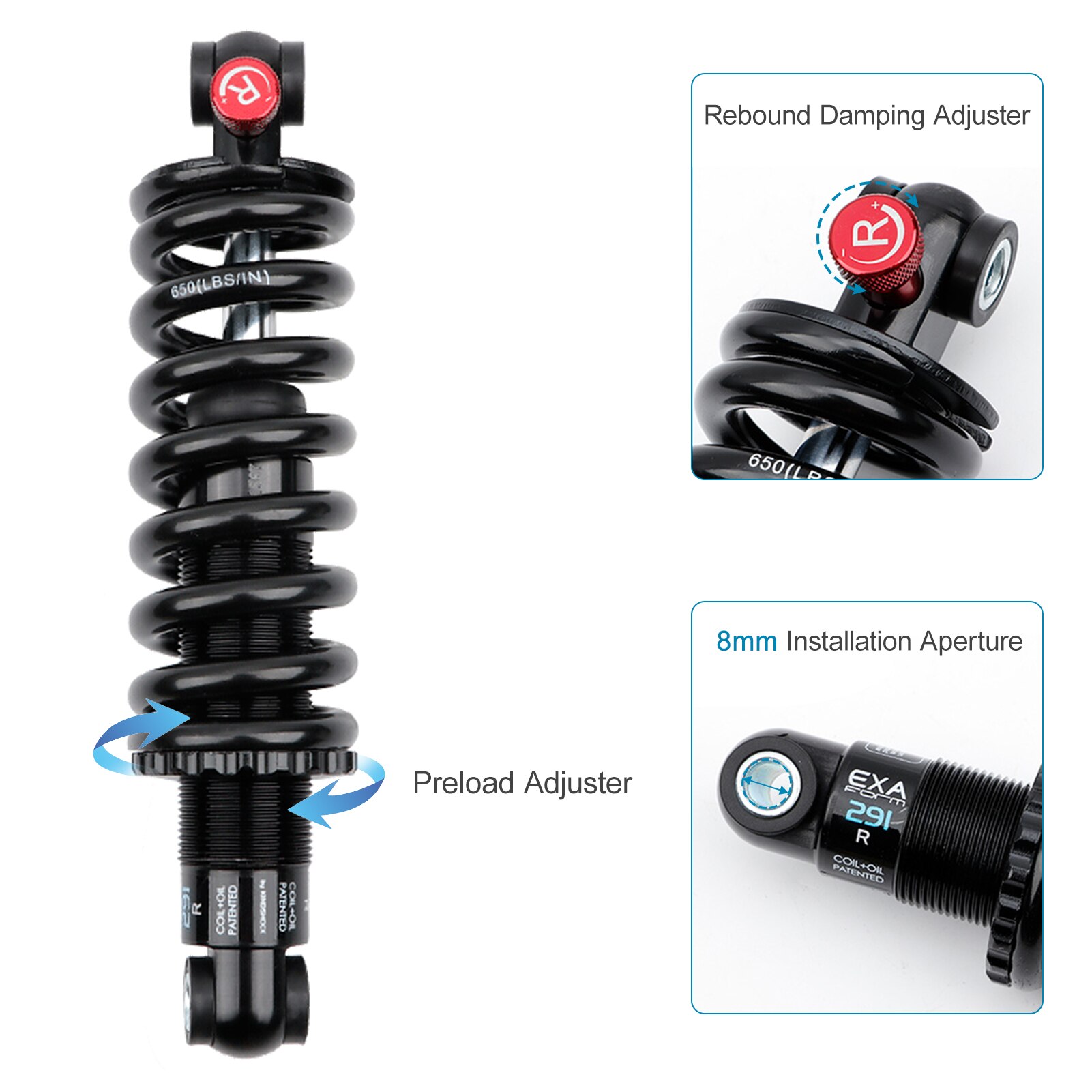 EXA Form Oil Pressure Spring Shock Damper Adjustable Suspension Spring Rebound Damping Shock Absorber 125/150/165/190mm
