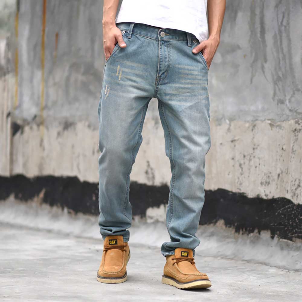 Nowy tendencja szarawary dżinsowe mężczyźni na co dzień stożkowe spodnie dżinsowe regularny krój niebieskie w stylu retro spodnie biegaczy spodnie jeansowe odzież męska