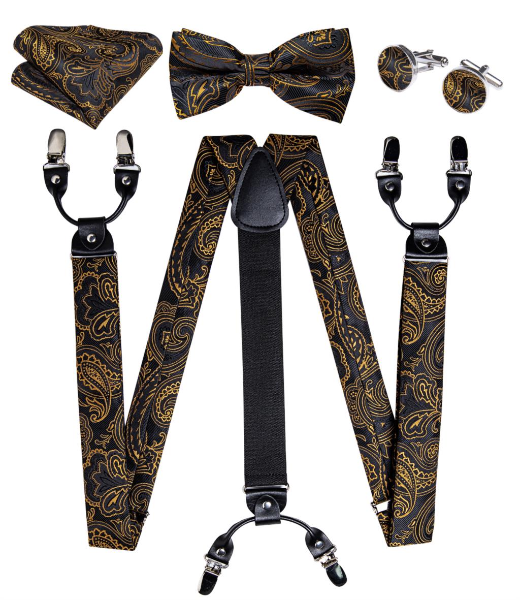 Luxury Yellow Men's Suspenders Silk Elastic 6 Clips Braces Wedding Party Accessories Men Y-back Suspenders Bow Tie Set DiBanGu: BD-4012