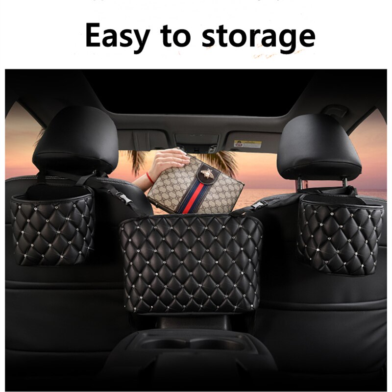 Auto Handtas Houder Luxe Lederen Autostoel Opbergtas Organizer Multi-Zakken Universele Bling Crystal Opbergen Opruimen Auto Goederen