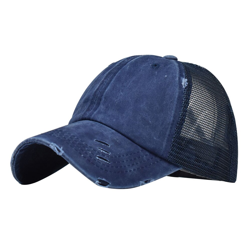 Kvinder flået anti uv mesh hestehale hat justerbar udendørs sport baseball cap justerbar bred ramme hestehale revet baseball cap: Marine blå