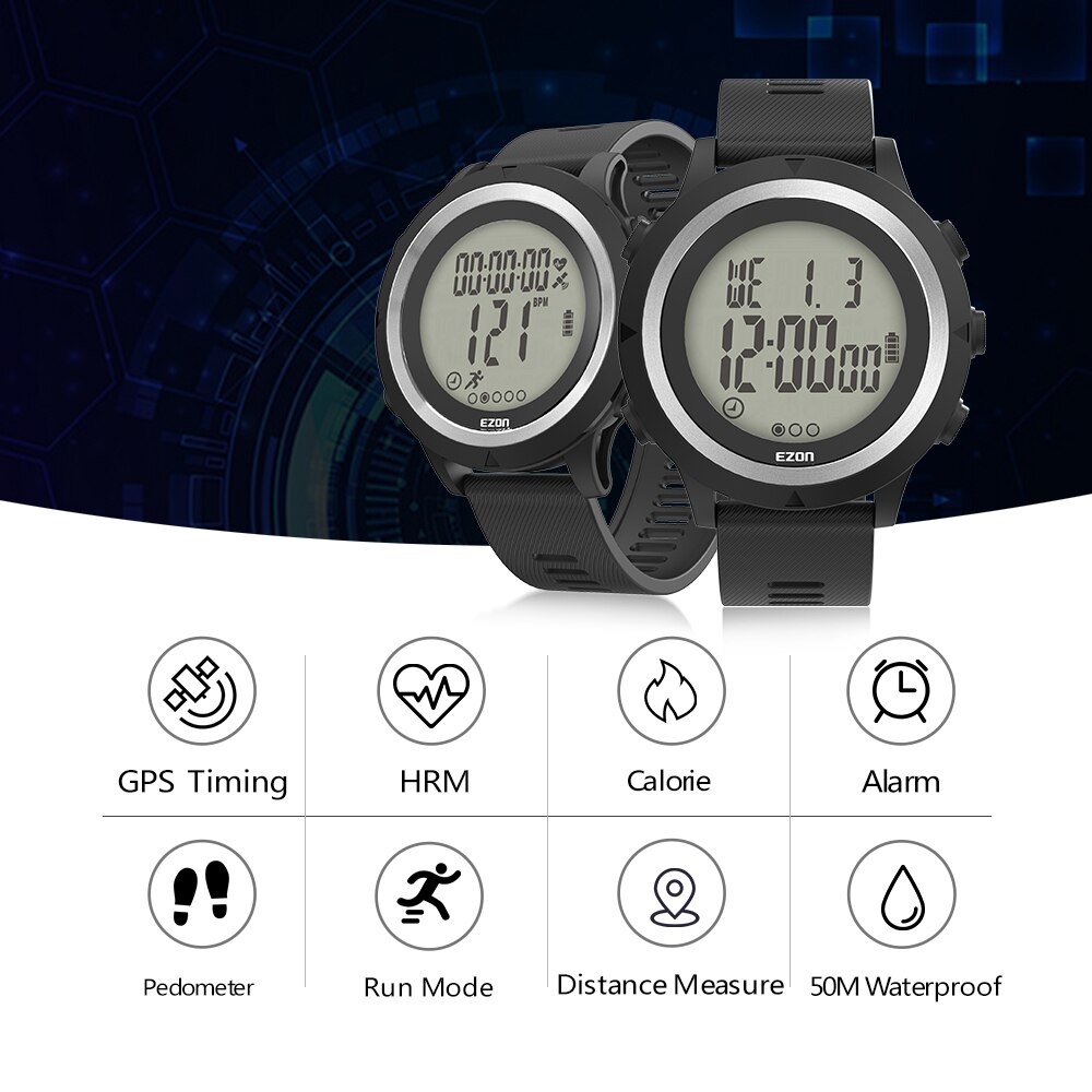 EZON T909C GPS Men's Digital Sport Watch with Optical Heart Rate Monitor Pedometer Calorie Counter Chronograph 50M Waterproof
