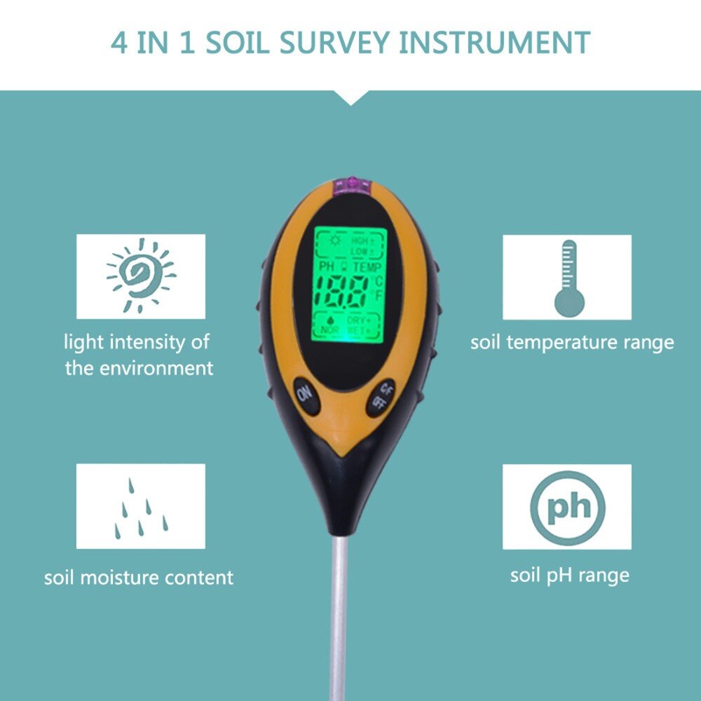 Soil Meter Thermometer 4 in 1 Plant Soil PH Moisture Light Soil Survey Instrument PH Value Sunlight Tester