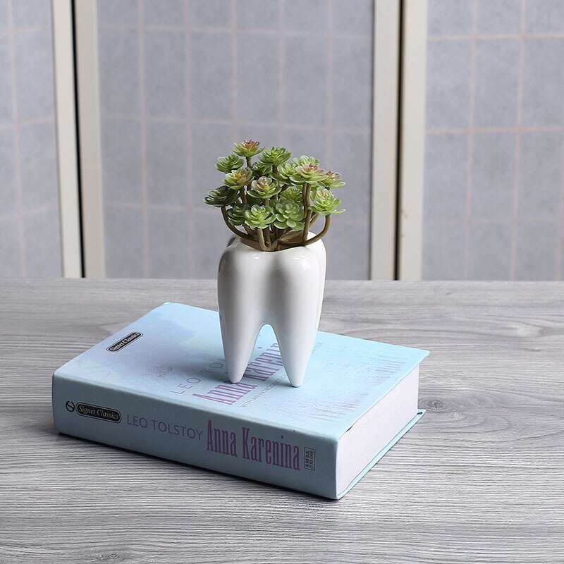 IK Pc Tand Vorm Witte Keramische Bloempot Moderne Planter Tanden Model Mini Desktop Pot (zonder planten)