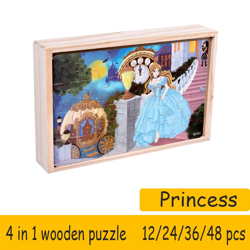 WYW – Puzzle 4 en 1 en bois pour enfants, avec boîte de rangement, grand modèle exquis, jouet Parent-enfant: Princess opp