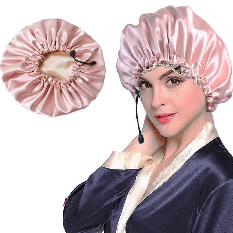 Hair Salon Elastic Thicken Double Layer Night Cap Adjustable Women's Oiled Shower Soft Silk Bath Hat Satin Bonnet Logo Printing: Pink