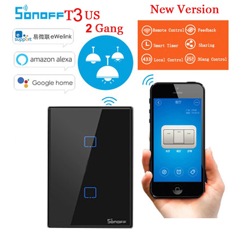 Sonoff-interruptor inteligente TX T0 T2 T3 US, 1, 2, 3 Entradas, Wifi, inalámbrico, de pared, con temporizador, funciona con la aplicación eWelink, Alexa: Sonoff T3 US 2C