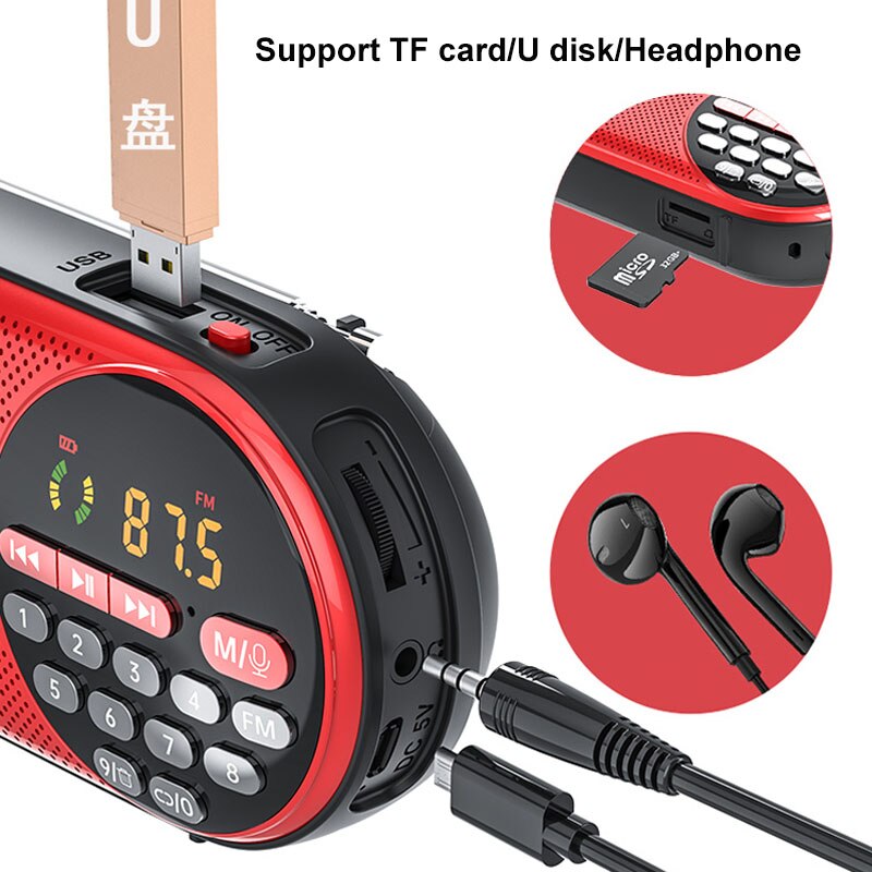 4000mAH Rechargeable FM Radio Portable Speaker Music Player with LED Display Support TF Card U Disk 3.5mm Headphone Jack