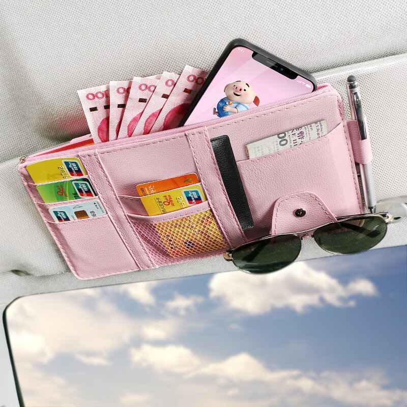 IKSNAIL-Soporte Organizador Universal para visera de coche, Funda de cuero PU para gafas de tarjeta, accesorios para coche, visera organizadora, estilismo para coche: Pink