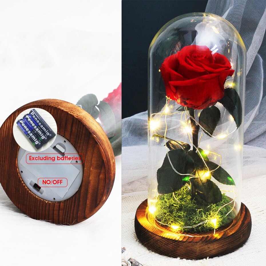 Torkade blommor konserverade rosor i glasskåpa med nattljus ornament bröllop alla hjärtans dag jul år heminredning