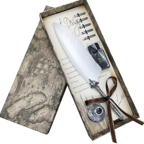 Luxe Vintage Veren Pen Retro Engels Kalligrafie Quill Dip Vulpen Met 5 Penpunten Briefpapier Kantoor Schoolbenodigdheden: Pure White