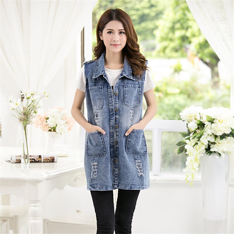 Plus size 5xl jactet denim vest kvinder sommer ærmeløs cardigan dame jeans veste koreanske huller lange denim jakker 969