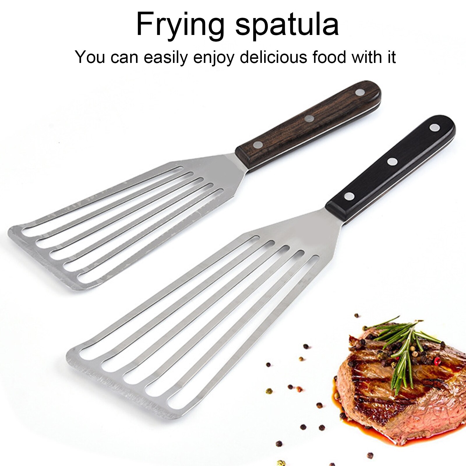 Espátula ranurada para pescado, espátula para pescado, cocina, freír, mango de madera de acero inoxidable para carne, herramienta de barbacoa, espátula multiusos para carne, 2 uds.