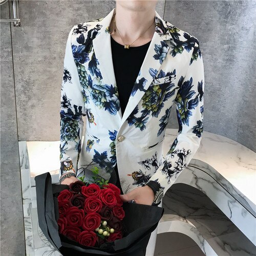 Spring Mens Slim Fit Suit Blazer Flower Print Simple Temperament British Style Social Business Casual Suit Jacket: white / Asia M 50 to 54kg