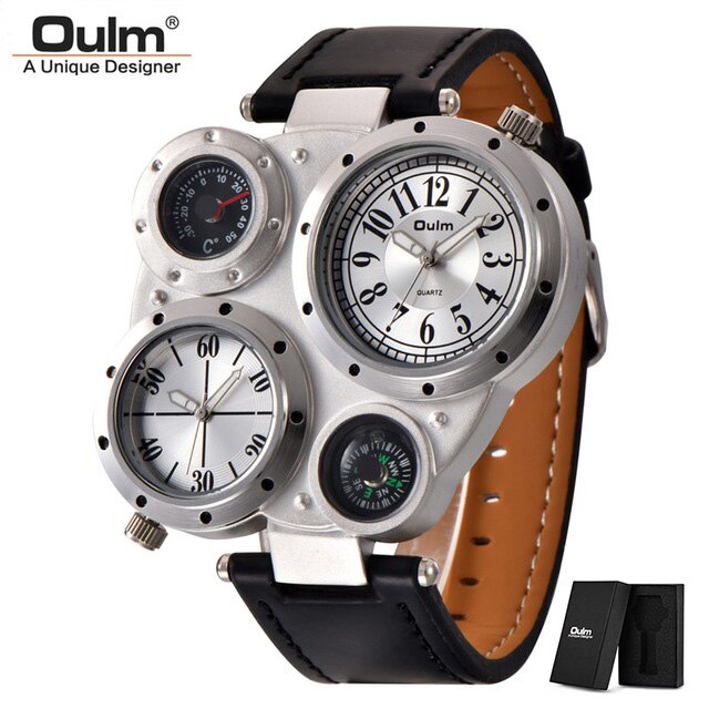 Oulm 9415 Mannen Horloges Twee Tijdzone Sport Quartz Mannen Horloge Kompas Decoratie Mannelijke Lederen Horloge: white(with box)