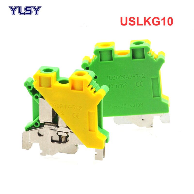 10 pçs blocos terminais à terra uslkg10 din1pcs trilho parafuso blocos terminais UK-10N amarelo verde earthing morsettiera conector 10mm2