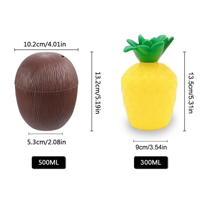 12 stk ananas Kokoskopper - Fruktformede Drikkekopper med Blomster-sugerør til Luau