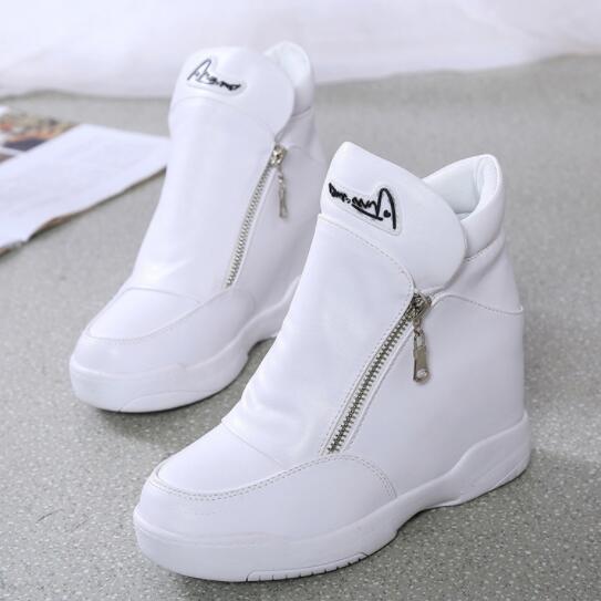 Botas cómodas de cuña oculta para mujer, zapatos femeninos de plataforma alta, informales, a la , con cremallera lateral, botines cálidos, zapatillas planas: Blanco / 40