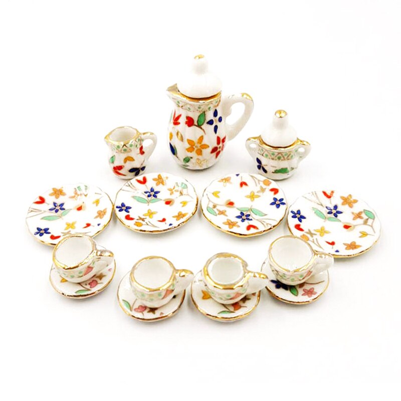 15pcs 1:12 Mini Porcelain Tea Cup Set China Flower Tableware Kitchen Doll House Scene Model Play House Toys: E