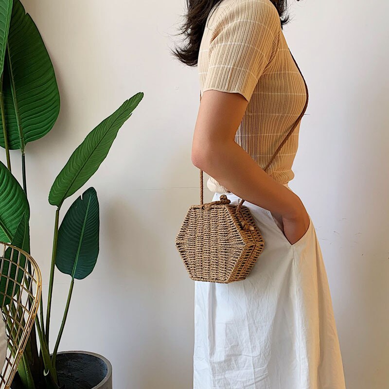 Hexagone femmes sac à main été plage paille sac bohême rotin tissé rétro épaule bandoulière sacs à la main couleur unie Bali boîte