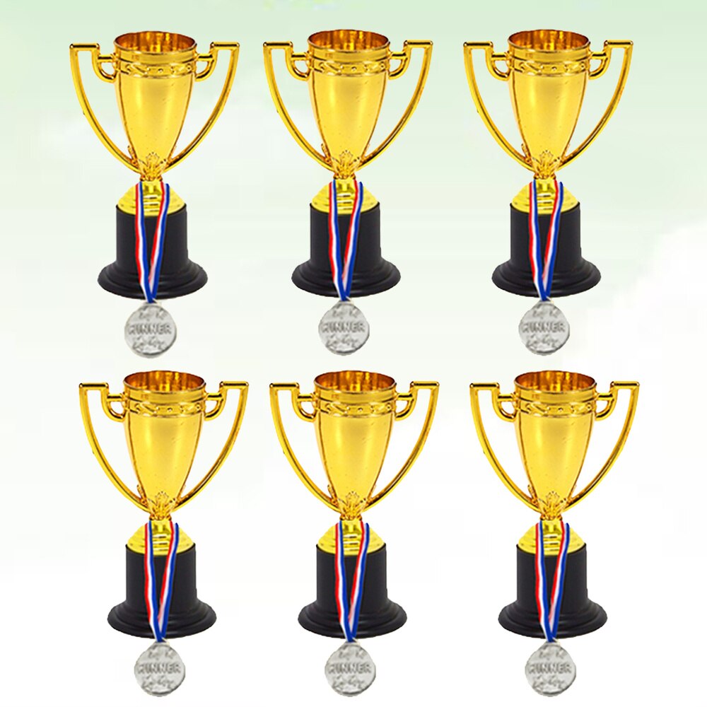 12pcs Mini Gold Cups Trophy and Award Medals Prizes Small Medals Awards Trophy Toys for Students Sport(6pcs Trophie