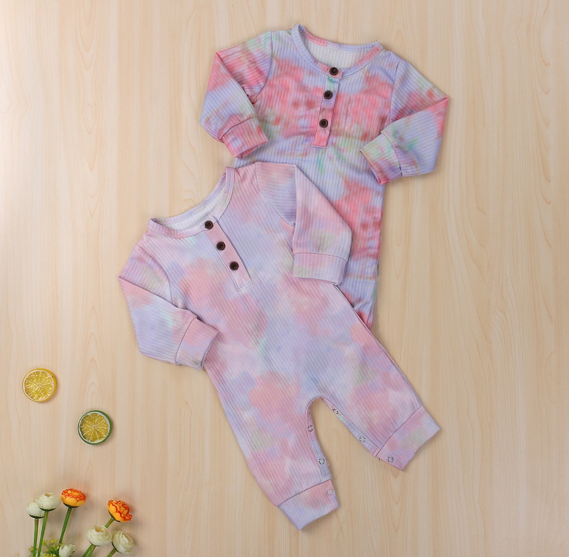 Focusnorm 0-18M Herfst Baby Meisjes Jongens Rompertjes Tie-Dye Gedrukt Lange Mouw Knop Causale Jumpsuits 2 kleuren