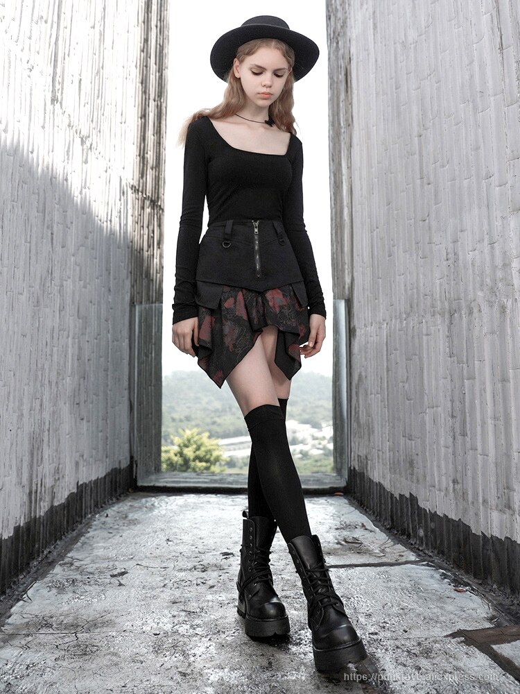 PUNK RAVE fille gothique à glissière Double couche asymétrique ourlet jupes Punk Sexy volants femmes jupe