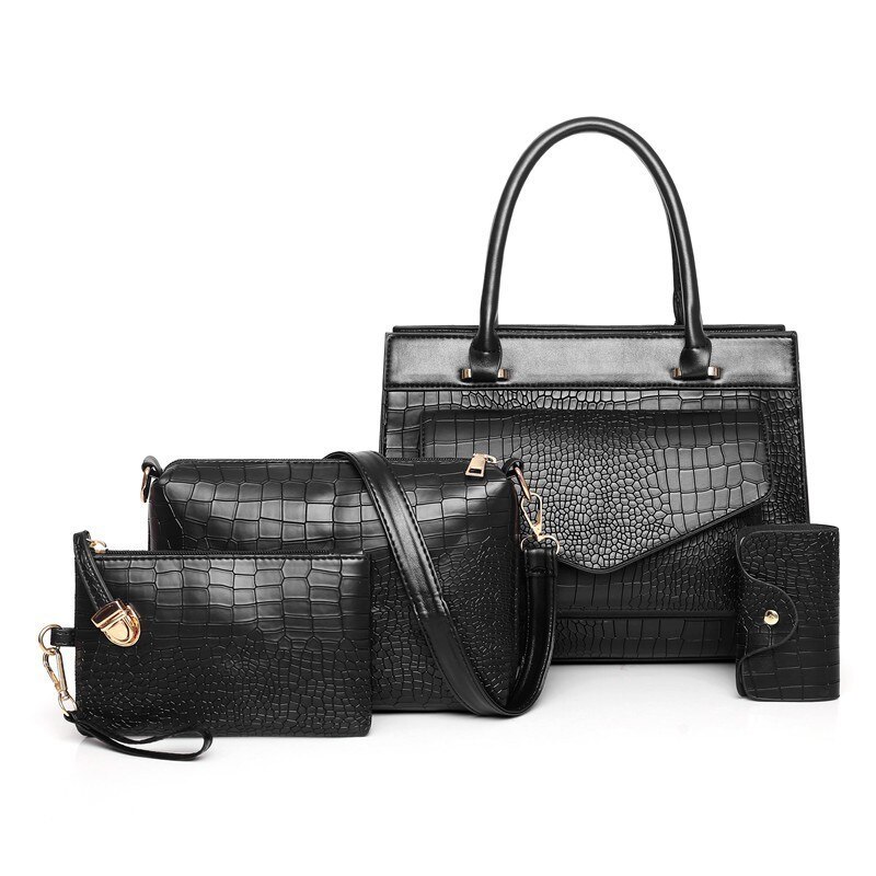 4 teile/satz Luxus Krokodil Frauen Tasche Gold rot Patent Leder Frauen Handtaschen einstellen Große Kapazität Schulter Tasche Weibliche Portemonnaie: schwarz