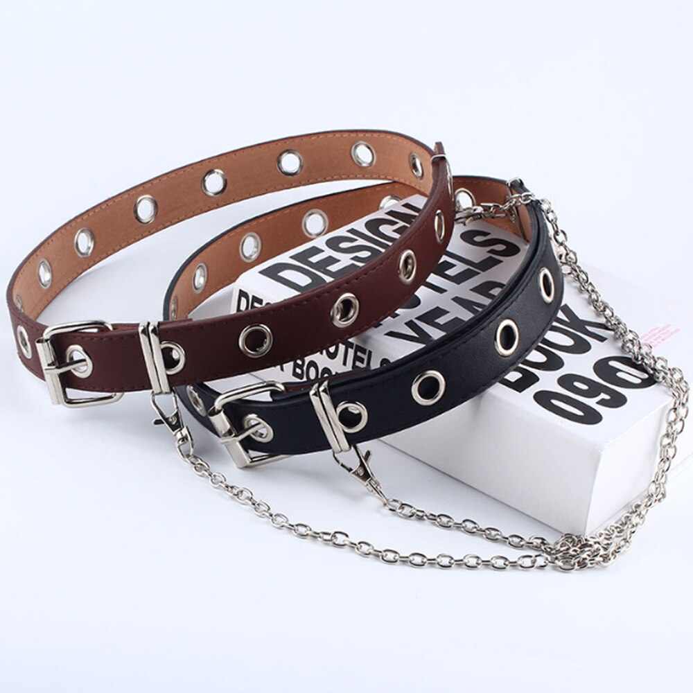Harajuku belt Women Punk Chain Belt Adjustable Black Double/Single Eyelet Grommet Metal Leather Waistband For Jeans
