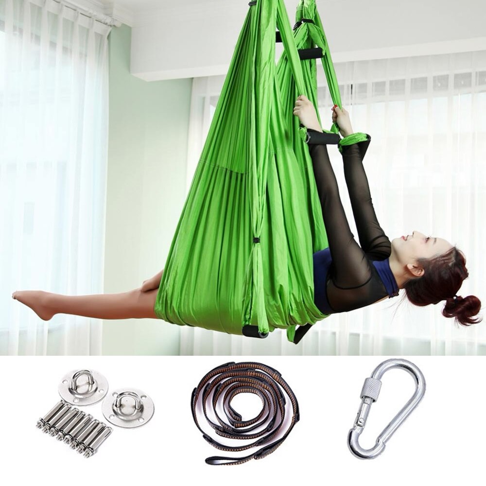 Full Set 2.5*1.5m Aerial Yoga Hammock Anti-Gravity Nylon Flying Swing Pilates Home GYM Hanging Belt Ceiling Plates: Green