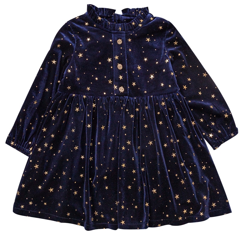 2-8 Years Fancy gold stars blue velvet Dress for Girls Princess bling bling Birthday Party Dresses Kids Dresses for Baby
