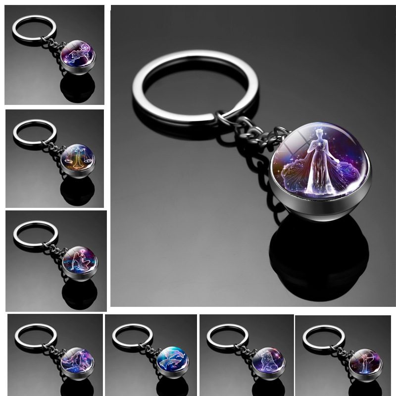 Llavero con dijes Original, llavero de 12 constelaciones, llavero luminoso de bola de cristal de doble cara, accesorios colgantes para coche, llaveros