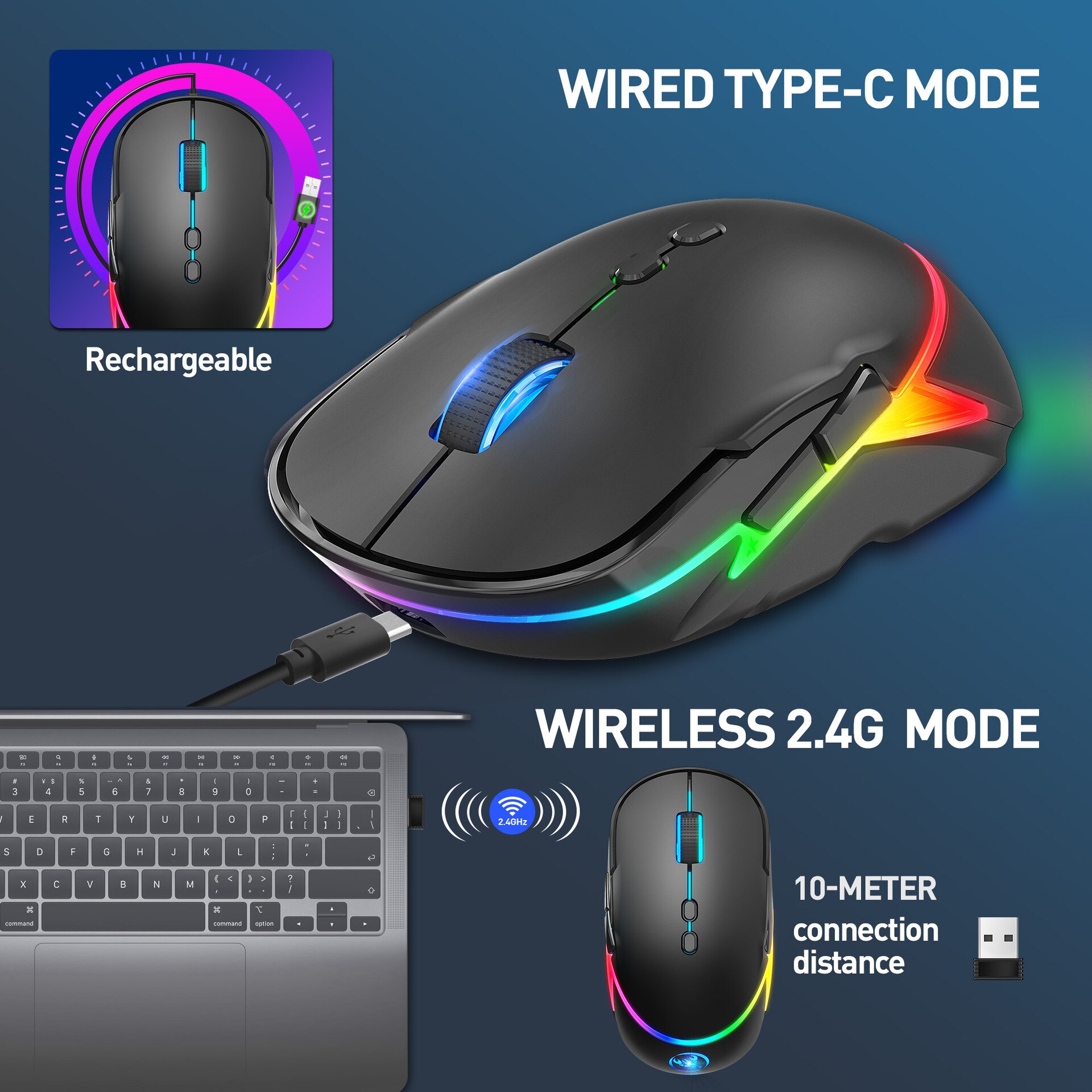 Draadloze Muis Bluetooth Rgb Oplaadbare Muis Draadloze Computer Stille Mause Led Backlit Ergonomisch Gaming Mouse Voor Laptop Pc