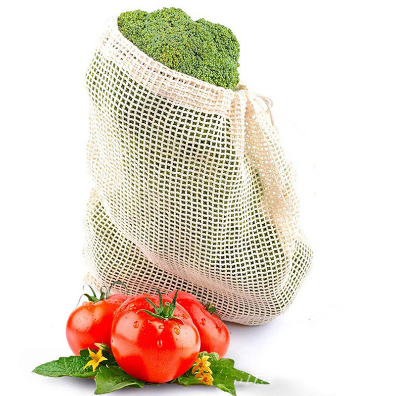 Bolsas de malla de algodón para verduras, bolsa de almacenamiento de malla de algodón reutilizable, para la compra de frutas y cocina, con cordón