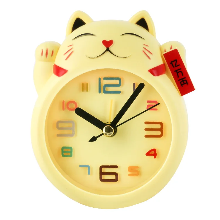 Reloj despertador de gato de la suerte, Mini decoración de mesa, plástico bonito para estudiantes: YELLOW