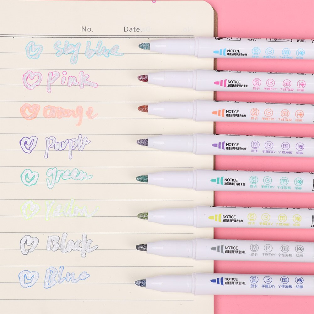 8 PCs/Set Colorful Double Line Pen Highlighter Fluorescent Markers Candy Color Hand Painted Pen for School Poster DIY Album