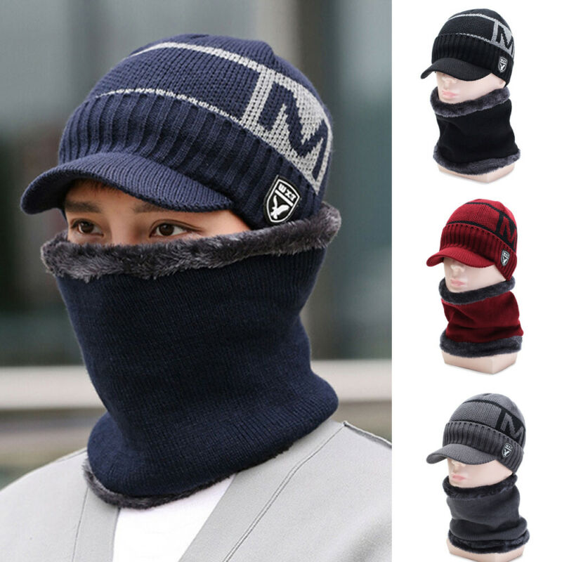 Menn kvinner termisk fleece foret lue lue varm strikket vinter ski lokk strikket hals varme 2 stk