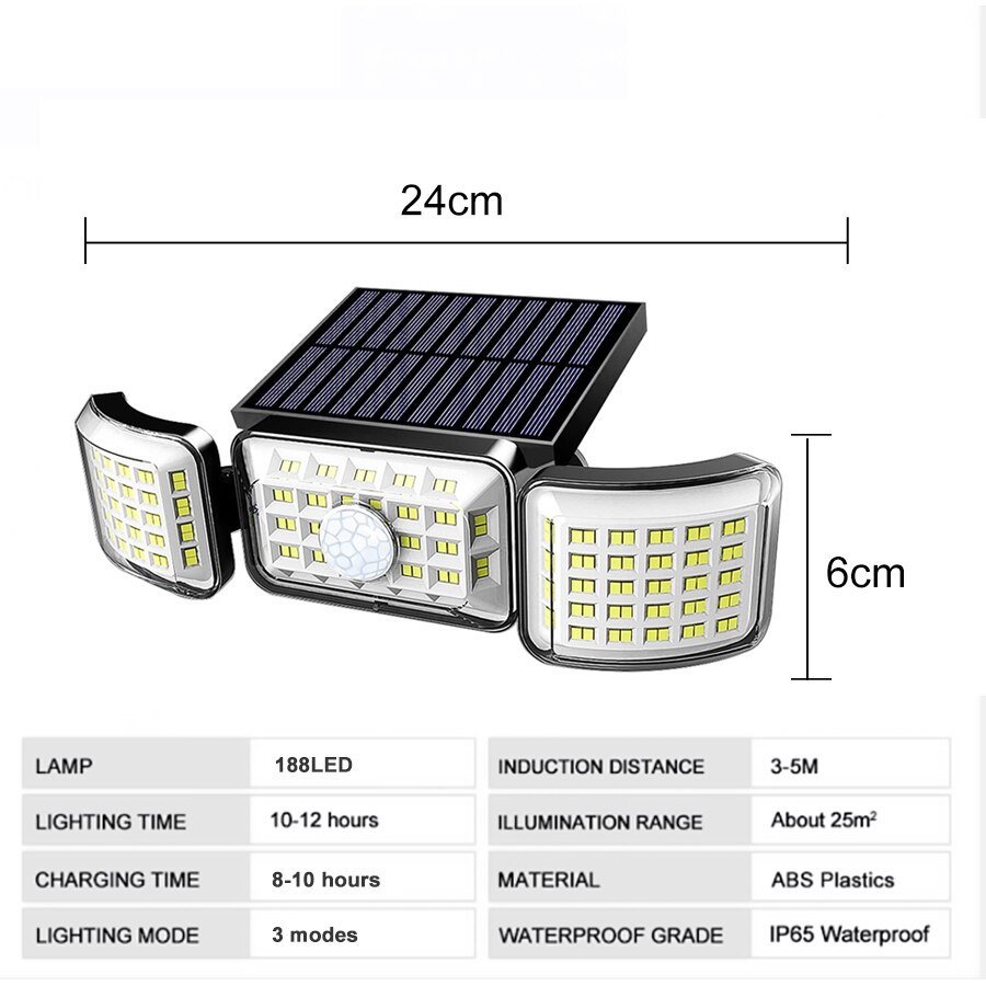 LED/COB Solar Street Light Multiple Head Wall-Mounted Motion Sensor Waterproof Integrated Outdoor Light Courtyard Road Lighting: 188 LED