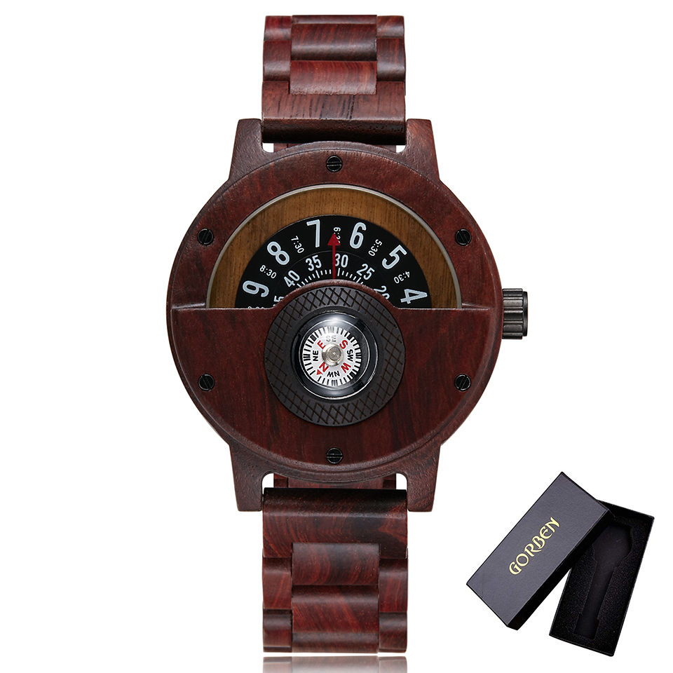 Creatieve Kompas Draaitafel Nummer Houten Horloge Mannen Volledige Hout Band Vintage Natuurlijke Hout Horloges Relogio relojes de madera