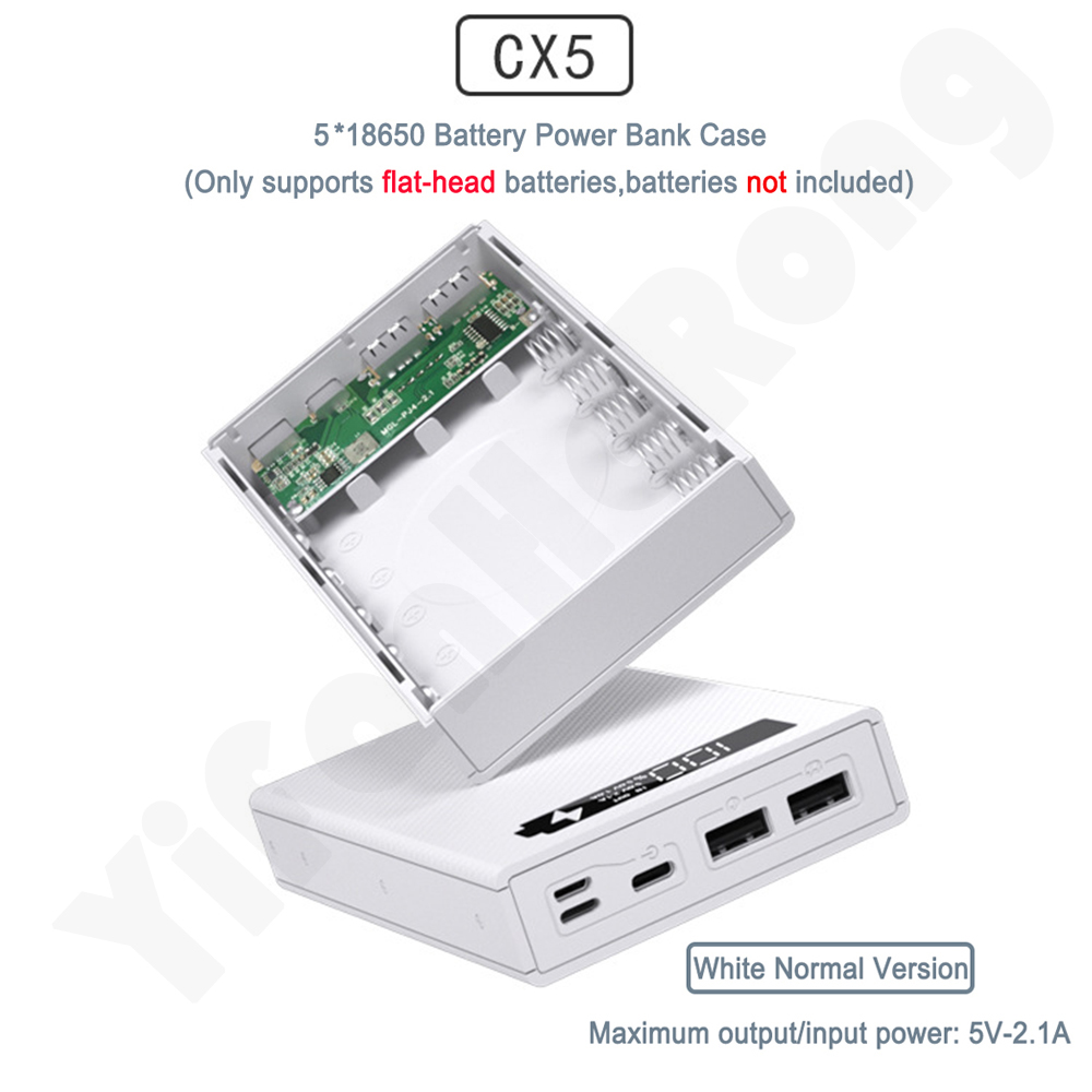 QC 3.0 PD 5*18650 Battery Power Bank Case External Dual USB Type C Battery Charge Storage Box Shell For Charging Mobile Phones: Normal White