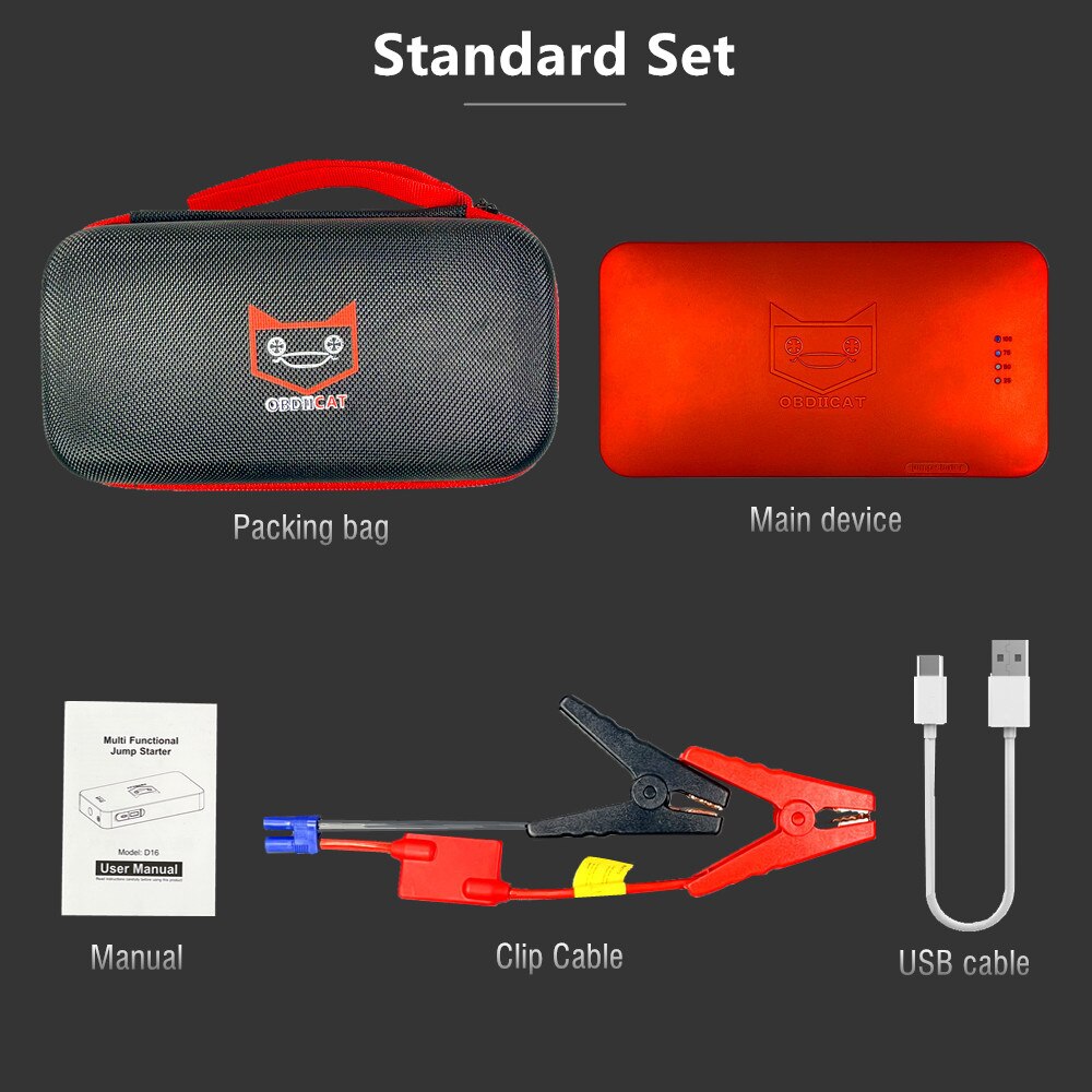OBDIICAT-D8 Newest 600A Starting Device Power Bank Jump Starter Car Battery Booster Emergency Charger 12v Multifunction Device: D16 Red Standard