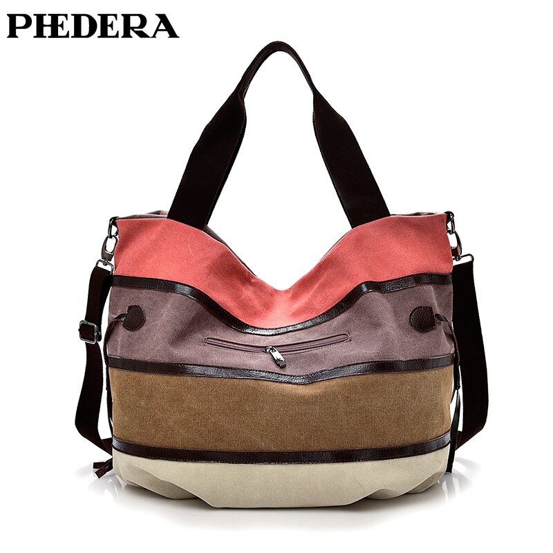 PHEDERA Patchwork Canvas Vrouwen Schoudertassen Regenboog Roze en Blauw Gestreepte Vrouwelijke Portemonnee Mode Vrouwen Messenger Bag