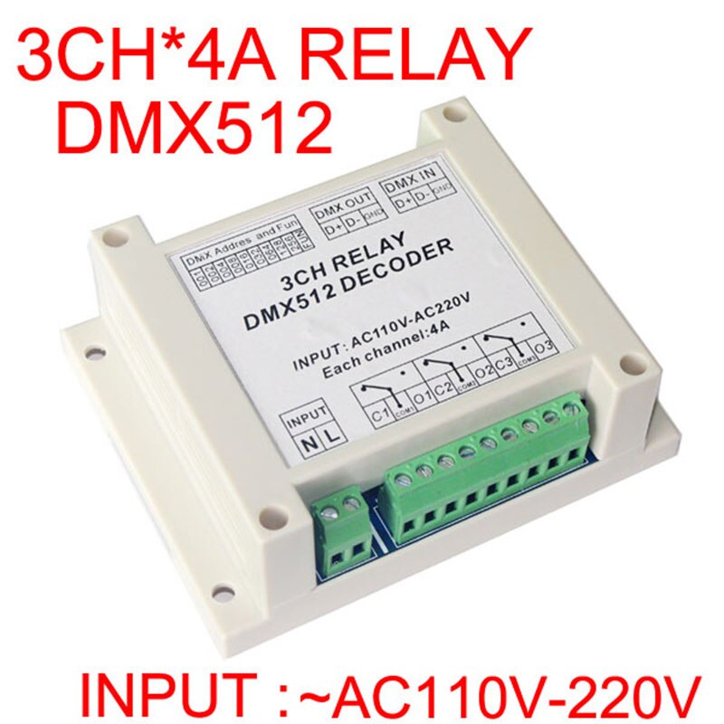 3ch dmx 512 relæ controller ,3ch relæ udgang dmx 512 relæ dekoder , 3 kanal *4a ac110-220v input plast hus