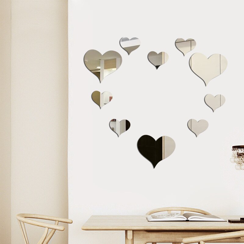 Espejo acrílico de corazón de amor para pared, Adhesivo de pared, empolvable, arte de sala de estar, decoración del hogar, 10 Uds.: silver
