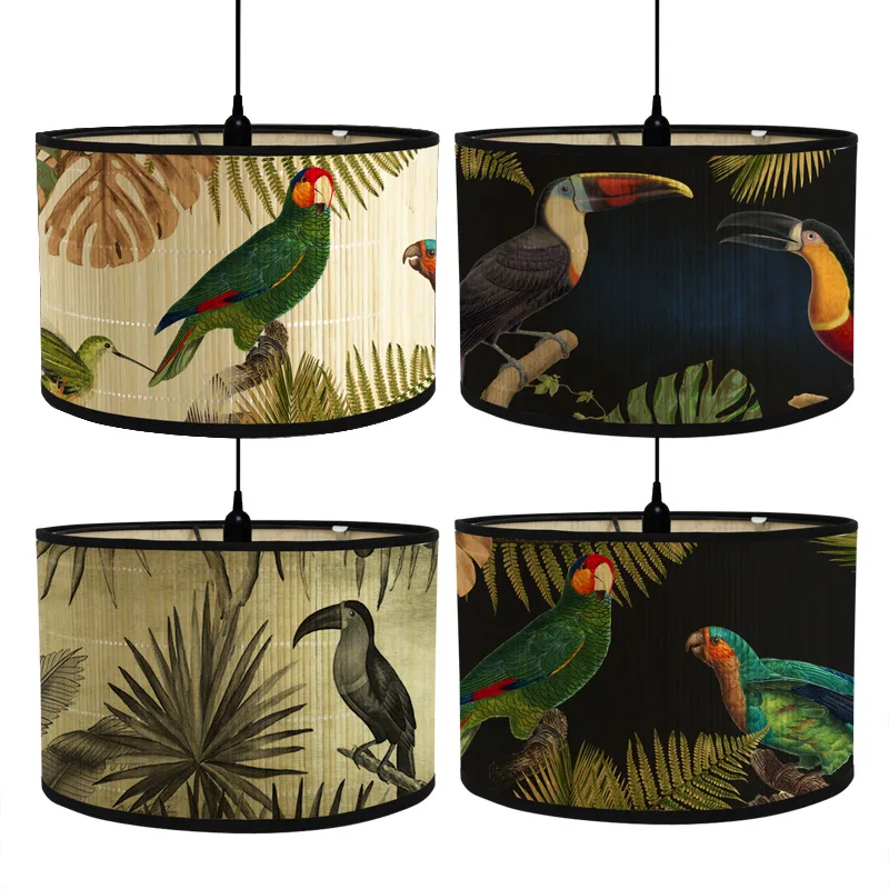 Nordische Trommel Lampen schirme Vintage Bambus Lampen abdeckung Blumen vögel Muster Tisch Stehlampen Pendel leuchte Cafe Home Homes tay Dekor