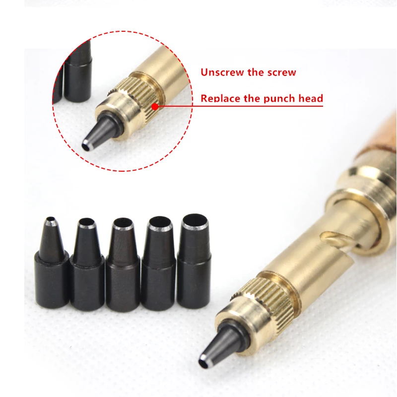 Automatic Belt Punch Leather Belt Screw Hole Puncher Wooden Handle Bookbinding Tool With 6 Tips 1.5-4mm Hole Punch Screw Drill